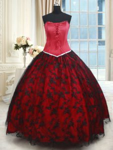 Flare Lace Strapless Sleeveless Lace Up Lace Quinceanera Dress in Black and Red