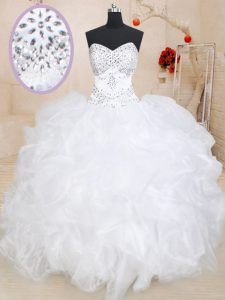 White Ball Gowns Beading and Ruffles Ball Gown Prom Dress Lace Up Organza Sleeveless Floor Length