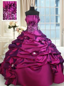 Attractive Purple Ball Gowns Strapless Sleeveless Taffeta Brush Train Lace Up Beading and Sequins Sweet 16 Dress