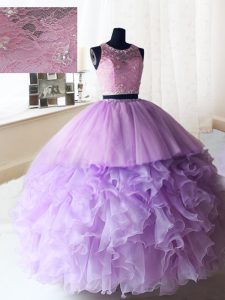 New Style Scoop Lilac Sleeveless Floor Length Beading and Ruffles Zipper Quinceanera Gown
