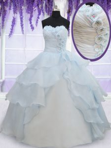 Custom Made Light Blue Organza Lace Up Sweetheart Sleeveless Floor Length Sweet 16 Quinceanera Dress Appliques and Ruffl