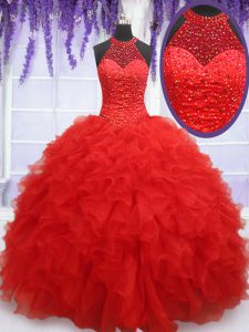 Trendy Halter Top Beading and Ruffles Quinceanera Gowns Red Lace Up Sleeveless Floor Length