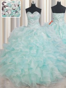 Trendy Light Blue Organza Lace Up Sweetheart Sleeveless Floor Length Quinceanera Dresses Beading and Ruffles