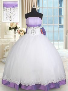 Trendy White And Purple Lace Up Quinceanera Gowns Beading and Lace and Bowknot Sleeveless Floor Length