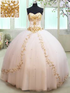 White Quinceanera Gowns Military Ball and Sweet 16 and Quinceanera and For with Beading and Appliques Sweetheart Sleevel