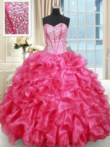 Hot Selling Hot Pink Ball Gowns Sweetheart Sleeveless Organza Floor Length Lace Up Beading and Ruffled Layers Quince Bal