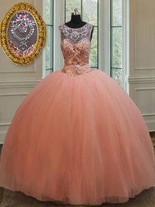 Scoop Peach Tulle Lace Up Quinceanera Gown Sleeveless Floor Length Beading and Sequins