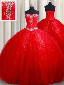 Cheap Red Sweetheart Neckline Beading Quince Ball Gowns Sleeveless Lace Up
