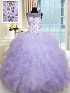 Artistic Tulle Scoop Sleeveless Lace Up Beading and Ruffles Quinceanera Gown in Lavender