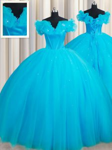 Simple Off the Shoulder Hand Made Flower 15 Quinceanera Dress Baby Blue Lace Up Sleeveless Court Train
