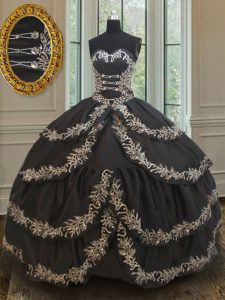 Ruffled Embroidery Sweetheart Sleeveless Lace Up 15th Birthday Dress Black Taffeta