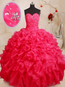 Coral Red Organza Lace Up Quinceanera Gown Sleeveless Floor Length Beading and Ruffles