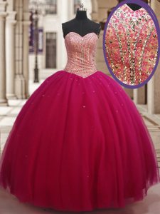 Unique Tulle Sweetheart Sleeveless Lace Up Beading Quinceanera Dresses in Fuchsia