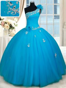 One Shoulder Tulle Sleeveless Floor Length Sweet 16 Quinceanera Dress and Beading and Appliques and Hand Made Flower