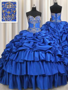 Cute Pick Ups Ruffled Sweetheart Sleeveless Brush Train Lace Up Vestidos de Quinceanera Royal Blue Taffeta