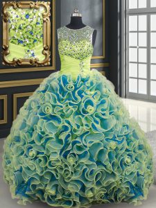 Exceptional Sequins See Through Brush Train Ball Gowns Vestidos de Quinceanera Yellow Green Scoop Fabric With Rolling Fl