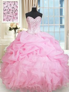 Rose Pink Ball Gowns Beading and Ruffles and Pick Ups Sweet 16 Quinceanera Dress Lace Up Organza Sleeveless Floor Length