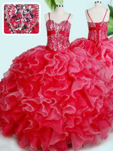 Red Ball Gowns Spaghetti Straps Sleeveless Organza Floor Length Lace Up Beading and Ruffles 15 Quinceanera Dress