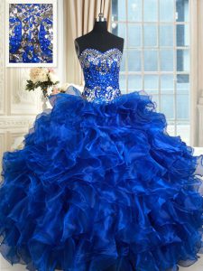 Popular Sleeveless Organza Floor Length Lace Up Sweet 16 Dresses in Royal Blue with Beading and Ruffles and Ruffled Laye