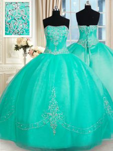 Flare Strapless Sleeveless 15 Quinceanera Dress Floor Length Beading and Appliques Turquoise Organza