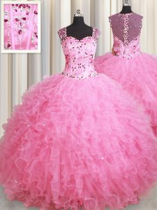 Sexy Rose Pink 15th Birthday Dress Military Ball and Sweet 16 and Quinceanera and For with Beading and Ruffles Straps Sl