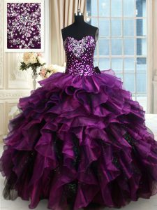 Dramatic Purple Sleeveless Beading and Ruffles and Ruffled Layers and Sequins Floor Length Quince Ball Gowns