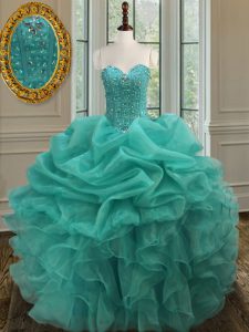 Pick Ups Ball Gowns Vestidos de Quinceanera Turquoise Sweetheart Organza Sleeveless Floor Length Lace Up
