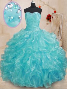 Delicate Aqua Blue Ball Gowns Beading and Ruffles Quinceanera Dress Lace Up Organza Sleeveless Floor Length