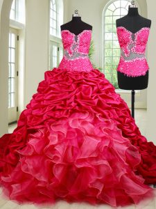 Pick Ups See Through With Train Coral Red Vestidos de Quinceanera Sweetheart Sleeveless Chapel Train Lace Up