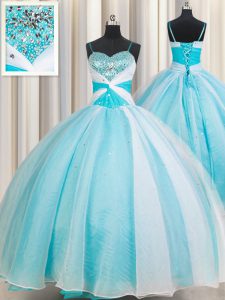 Lovely White and Blue Sleeveless Organza Lace Up Quinceanera Gowns for Military Ball and Sweet 16 and Quinceanera