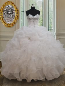 Floor Length Lace Up Quinceanera Dresses White for Military Ball and Sweet 16 and Quinceanera with Beading and Ruffles a