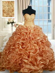 Beauteous Champagne Lace Up Sweetheart Beading and Ruffles and Pick Ups Vestidos de Quinceanera Organza Sleeveless Brush