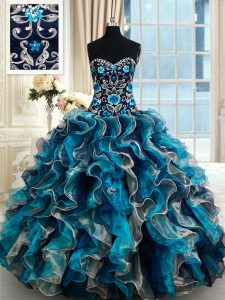 Multi-color Ball Gowns Sweetheart Sleeveless Organza Brush Train Lace Up Beading and Embroidery and Ruffles Quinceanera 