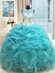 Noble Organza Scoop Sleeveless Zipper Appliques and Ruffles and Pick Ups Quince Ball Gowns in Aqua Blue
