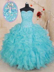 Aqua Blue Sleeveless Organza Lace Up Sweet 16 Dress for Military Ball and Sweet 16 and Quinceanera