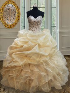 Champagne Ball Gowns Beading and Ruffles Quinceanera Gown Lace Up Organza Sleeveless Floor Length