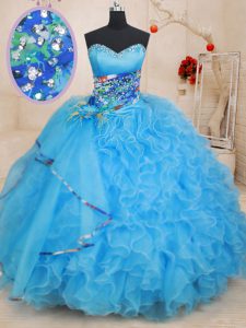 New Style Organza Sweetheart Sleeveless Lace Up Beading and Ruffles and Pattern Ball Gown Prom Dress in Baby Blue