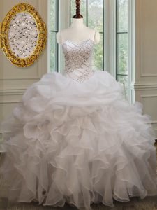 Shining Sleeveless Organza Floor Length Lace Up Sweet 16 Quinceanera Dress in White with Beading and Ruffles and Pick Up
