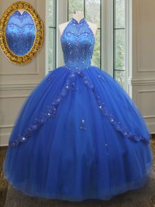 Artistic High Neck See Through Sleeveless Beading and Appliques Lace Up 15 Quinceanera Dress