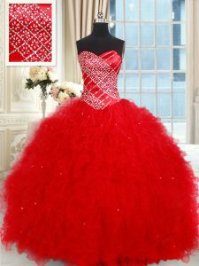Enchanting Ruffled Red Sleeveless Tulle Lace Up Quinceanera Gown for Military Ball and Sweet 16 and Quinceanera