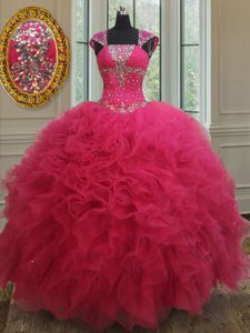 Glamorous Square Cap Sleeves Floor Length Beading and Ruffles Lace Up Sweet 16 Quinceanera Dress with Hot Pink