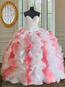 Flare Floor Length Ball Gowns Sleeveless Pink And White 15th Birthday Dress Lace Up