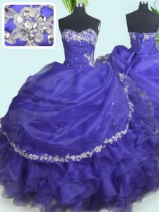 Fantastic Purple Organza Lace Up Sweet 16 Dress Sleeveless Floor Length Beading and Appliques
