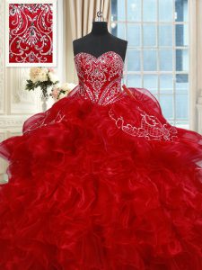 Best Selling Beading and Ruffles Sweet 16 Quinceanera Dress Red Lace Up Sleeveless Floor Length