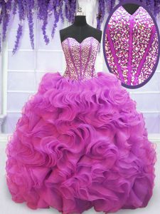Nice Sleeveless Organza Brush Train Lace Up Quinceanera Gowns in Purple with Beading and Ruffles