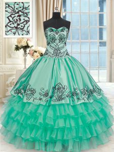 Dynamic Sleeveless Floor Length Embroidery and Ruffled Layers Lace Up 15 Quinceanera Dress with Turquoise