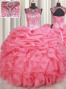 Best Scoop Beading and Ruffles and Pick Ups Quinceanera Gowns Watermelon Red Lace Up Sleeveless Floor Length