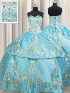 Customized Aqua Blue Ball Gowns Sweetheart Sleeveless Taffeta Floor Length Lace Up Beading and Embroidery Sweet 16 Quinc