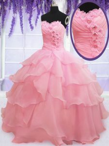 Eye-catching Baby Pink Ball Gowns Beading and Hand Made Flower Quinceanera Dress Lace Up Organza Sleeveless Floor Length