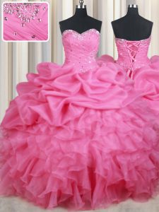 Charming Rose Pink Sweetheart Lace Up Beading and Ruffles and Pick Ups Quinceanera Dress Sleeveless